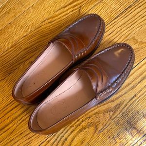 JCrew Winona penny loafers in spazzolato leather in rich caramel.